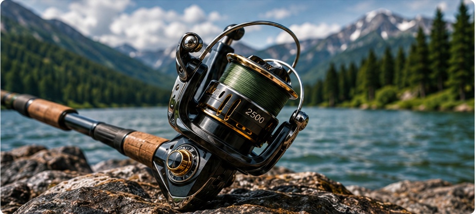 Fishing reel mounted on a rod beside a mountain lake