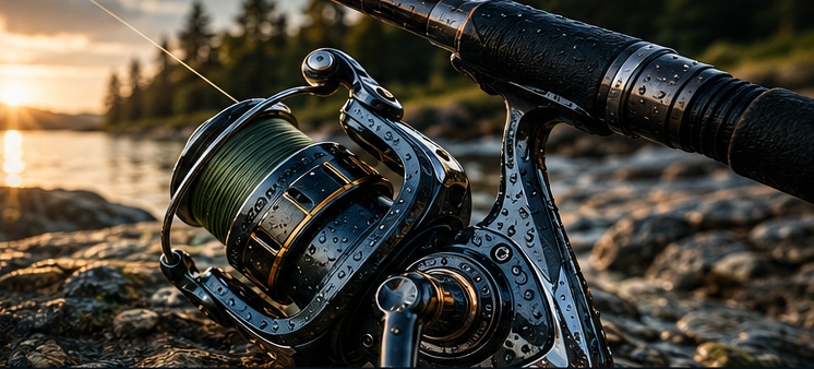 Saltwater fishing reel beside open water
