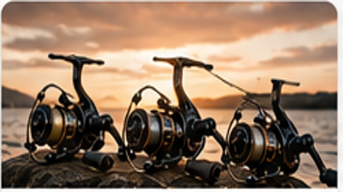 Several fishing reels lined up for comparison