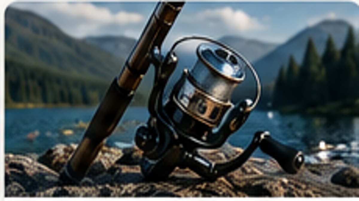 Spinning reel on a rod beside a mountain lake